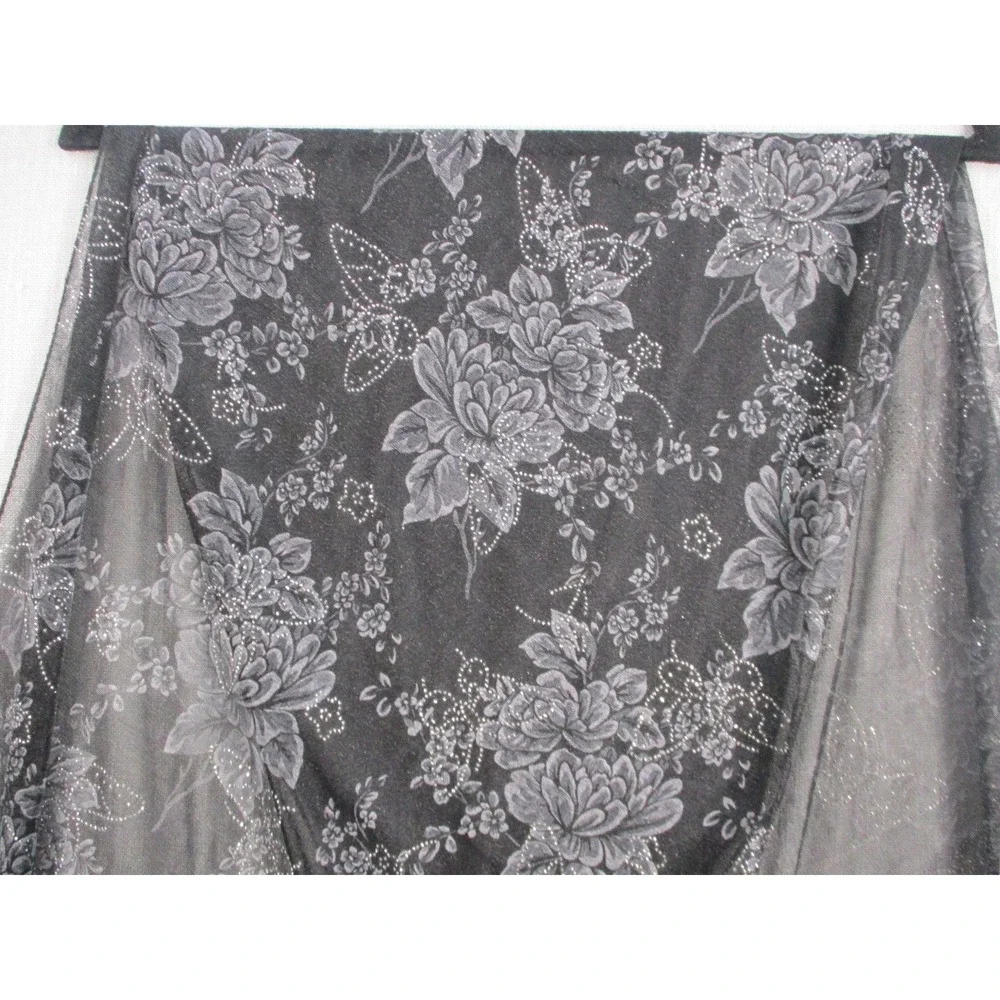 Black Floral Mesh Wrap Scarf Silver Glitter Sheer Goth with Fringe Trim 54x18.5‎